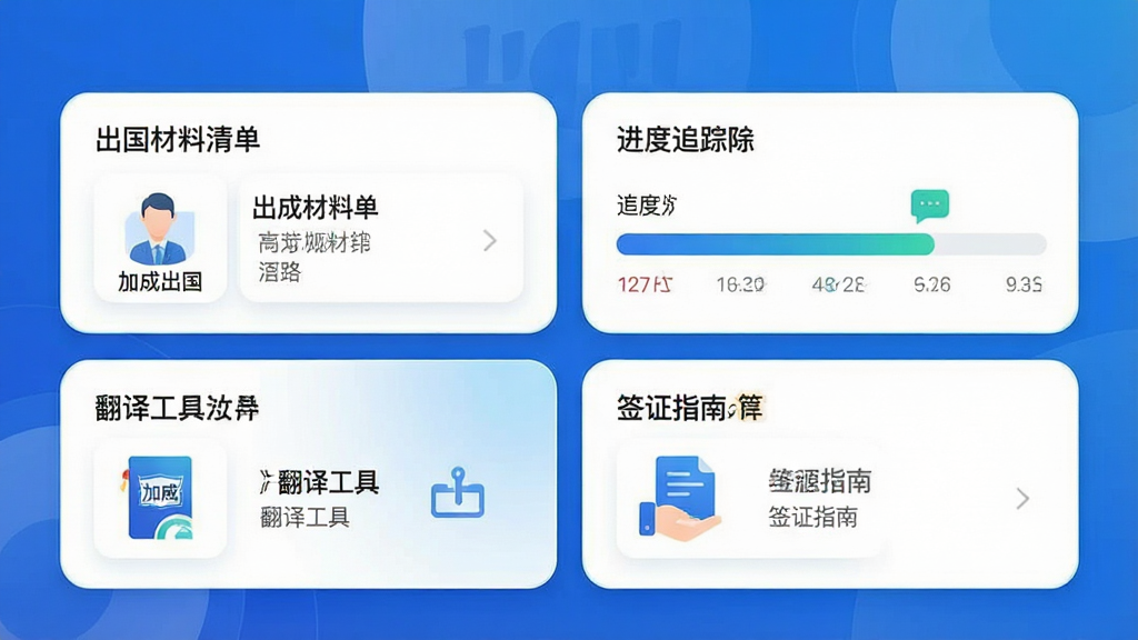 一张展示“加成出国”应用核心功能的全貌图,主体是手机屏幕中显示应用主界面,布局包含出国材料清单、进度追踪条、翻译工具入口和签证指南四大模块,排版清晰分块,风格为现代扁平化设计,细节上采用蓝白渐变配色、圆角卡片和简洁图标,画质干净无多余元素,屏幕中文字为“加成出国”