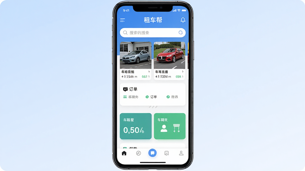 �⳵��Ӧ��������չʾ�������������ֻ���Ļ����Ļ����ʾ�⳵��APP��ҳ������Ϊ�����б������������в��ж��������ͳ���״̬��Ƭ���ײ�Ϊ������������Ϊ����ɫ���䣬����ִ�����ƽ�������ʸɾ��������޶���Ԫ��