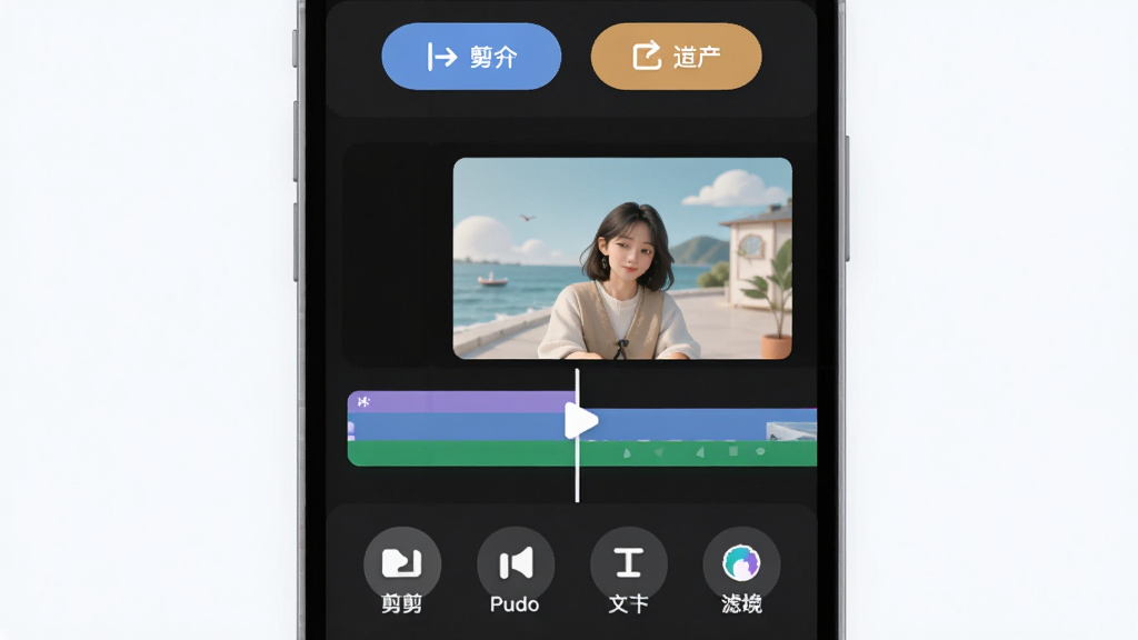 一张AI生成的图片,展示“十遛”APP的视频剪辑界面特写,主体是手机屏幕上的时间轴和视频预览窗口,布局简洁,顶部有导入和导出按钮,底部是剪辑、音频、文字、滤镜四个功能图标,风格清新扁平,细节圆润,画质干净无多余元素