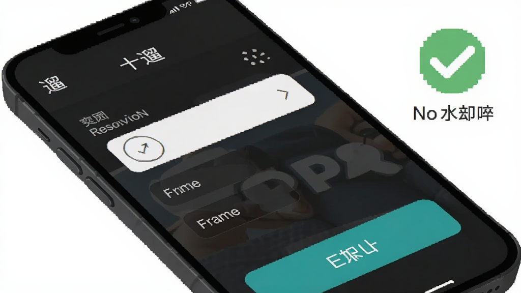 一张AI生成的图片,展示“十遛”APP的导出设置界面,手机屏幕上显示分辨率选项、帧率选项和导出按钮,旁边有一个对勾图标表示无水印,背景为白色,风格极简,画质干净无多余元素