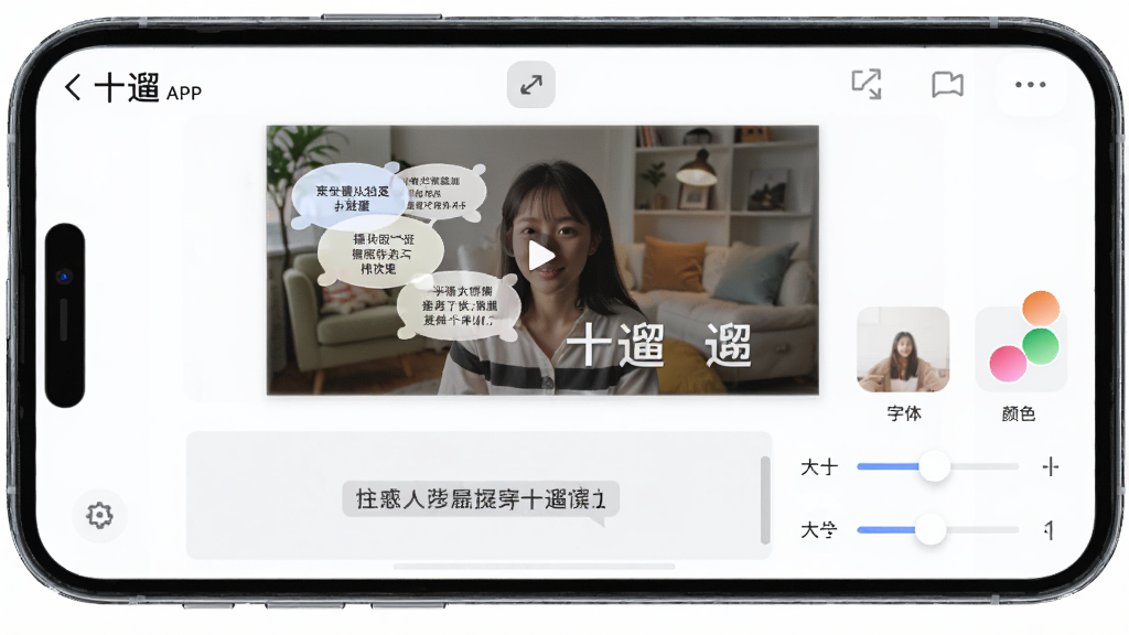 一张AI生成的图片,展示“十遛”APP的文字编辑界面,手机屏幕上显示视频预览画面和下方的字幕编辑框,字幕以气泡形式出现在视频上,旁边有字体、颜色、大小调节滑块,风格现代扁平,画质干净无多余元素