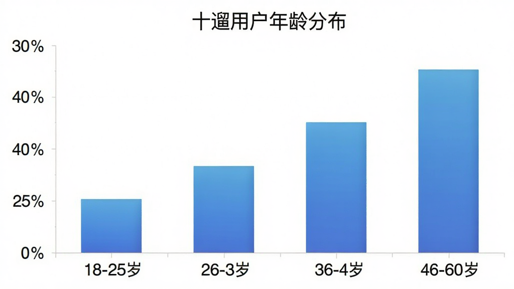 一张柱状图,展示十遛用户年龄分布,横轴为18-25岁、26-35岁、36-45岁、46-60岁四个年龄段,纵轴为用户占比百分比,柱形颜色为蓝色渐变,图表标题为“十遛用户年龄分布”,风格简洁清晰,画质干净无多余元素