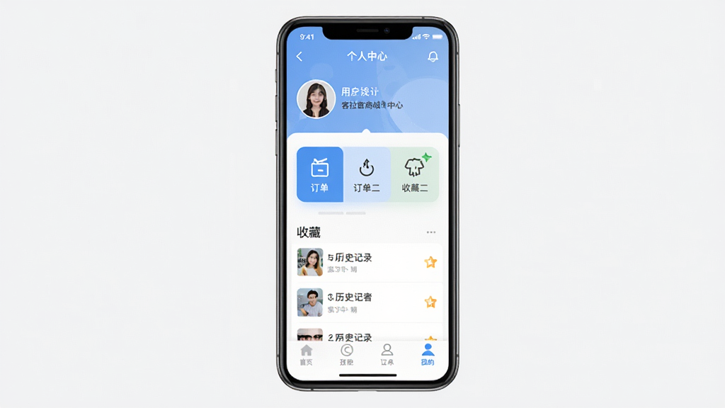 客拉客商城个人中心页面界面展示,手机屏幕显示用户头像区域、订单状态入口图标、收藏与历史记录列表,底部导航栏高亮“我的”选项,整体布局清晰,风格扁平化,画质干净无多余元素