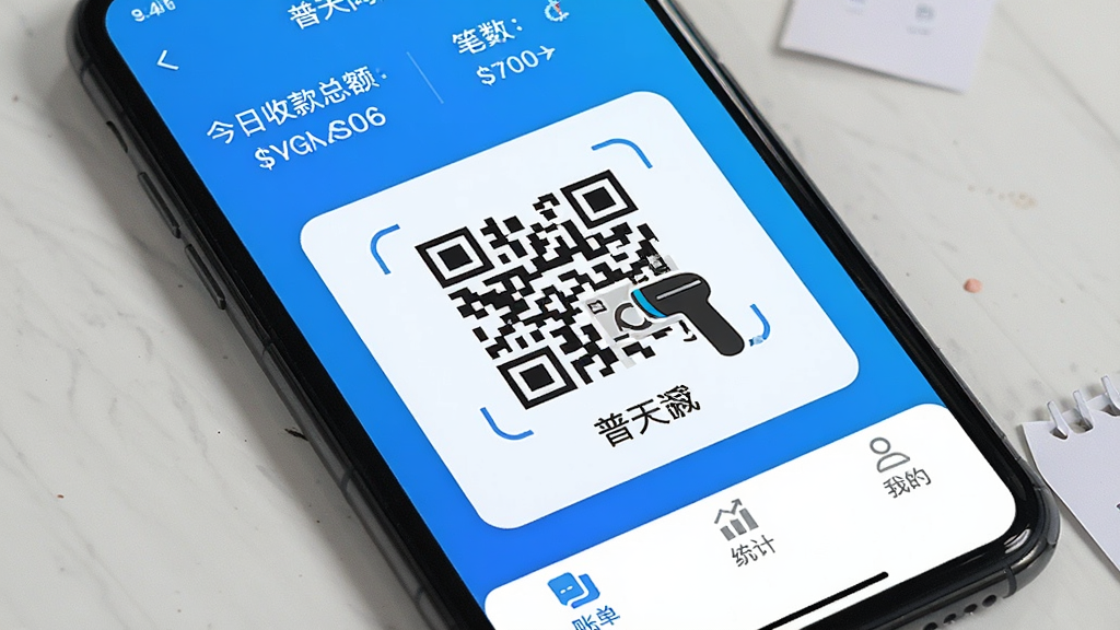 一张手机屏幕特写,画面中央是普天同诚App的收款主界面,顶部显示今日收款总额和笔数,中间是一个醒目的收款二维码和扫码枪图标,底部是账单、统计和我的三个选项卡,界面以蓝白为主色调,风格现代扁平,画质干净清晰,无多余元素。