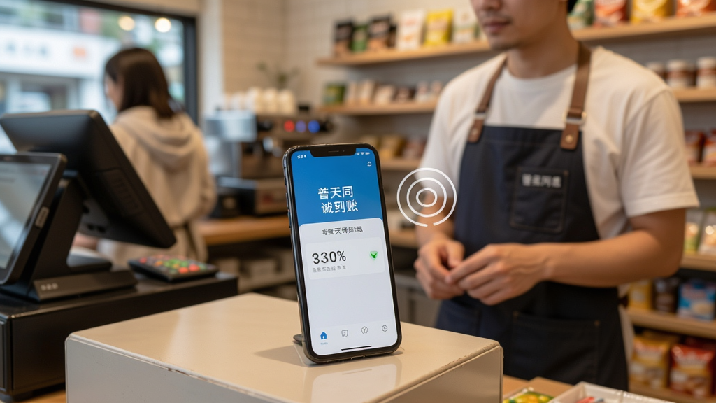 一位店主在忙碌的店铺中,手机放在收银台上,屏幕亮起显示普天同诚到账信息,旁边有语音播报的声波图标,画面风格温馨真实,画质干净。