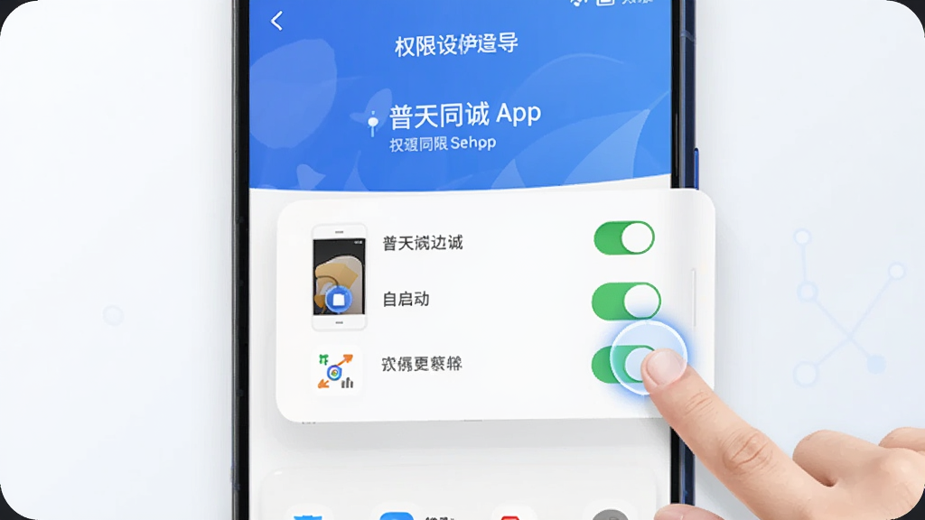 一部安卓手机屏幕显示普天同诚App的权限设置引导页面,页面上有悬浮窗、自启动等权限开关的图示,旁边有手指点击的动画效果,背景简洁,风格科技感,画质清晰。
