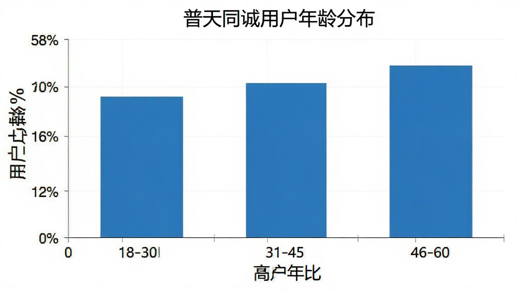一张柱状图,横轴是年龄段18-30岁、31-45岁、46-60岁,纵轴是用户占比百分比,柱状图颜色为蓝色,图表标题为普天同诚用户年龄分布,背景干净,风格简洁商务。