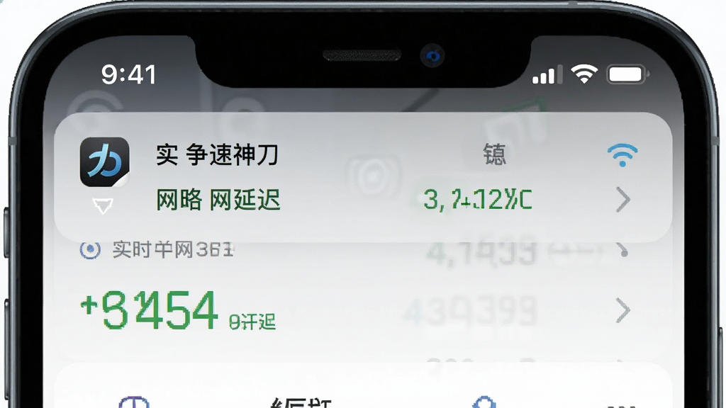 一张展示手机争速神刀网络监测功能的图片,主体是手机通知栏下拉界面,布局为顶部状态栏特写,排版展示实时网速和延迟数据,风格为极简UI设计,细节包括手机争速神刀的图标和绿色低延迟数值,画质清晰,干净,无多余元素