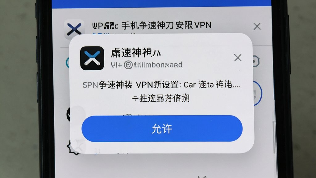 一张展示手机争速神刀安装权限设置的图片,主体是手机屏幕显示VPN连接请求弹窗,布局为居中特写,排版突出“允许”按钮,风格为手机系统截图风格,细节包括手机争速神刀的图标和系统提示文字,画质清晰,干净,无多余元素