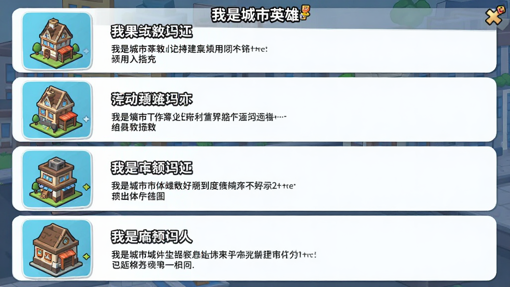 ��������Ϸ�ڵĽ����������Ƚ��棬������������б����Ű���ϵ�������չʾ��С����Ľ���ͼ�꣬����Ǳ�ƽ����ͨͼ����ϸ����ÿ�������������ƺͼ�飬���������ɾ����޶���Ԫ�أ�ͼƬ�д����֡����ǳ���Ӣ�ۡ�