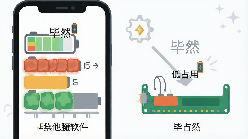 一张展示“毕然”应用资源占用低的示意图,主体是手机电池和内存条图标,布局采用对比形式,左侧显示其他臃肿软件的占用条,右侧显示“毕然”的占用条明显更短,风格扁平化,细节干净,画质高清,图中文字标注“毕然”和“低占用”,无多余元素。