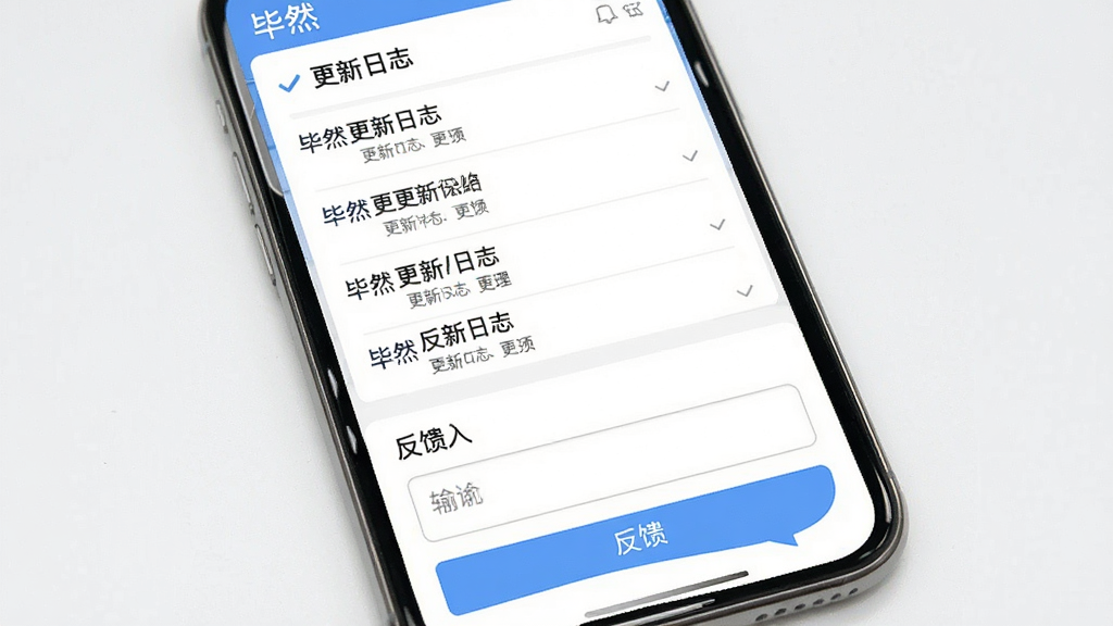 一张“毕然”应用更新日志与用户反馈界面示意图,主体是手机屏幕显示版本更新记录和反馈输入框,布局上下结构,上方是更新列表,下方是反馈入口,风格简洁,细节干净,画质高清,图中文字标注“毕然”“更新日志”“反馈”,无多余元素。