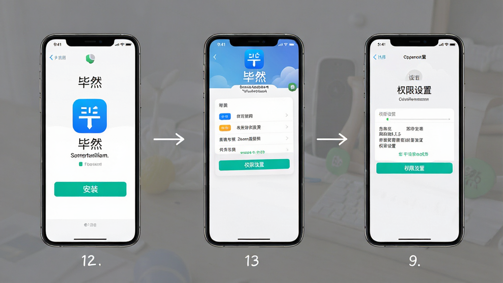 一张展示“毕然”应用在手机上安装和设置流程的示意图,主体是手机屏幕显示安装界面和权限设置页面,布局分步骤展示,风格简洁清晰,细节干净,画质高清,图中文字标注“毕然”“安装”“权限设置”,无多余元素。