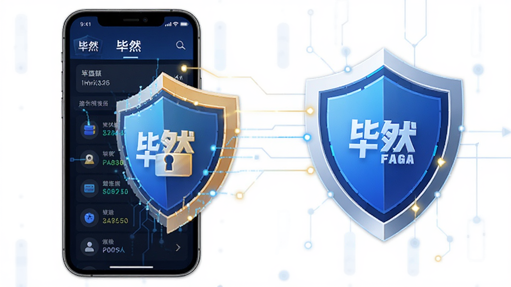 一张“毕然”应用数据安全与本地存储功能示意图,主体是手机和盾牌图标结合,布局采用左图右文形式,左侧是手机屏幕展示“毕然”数据列表,右侧是一个代表安全防护的盾牌图形,风格偏向科技感但保持简洁,细节清晰,画质干净无多余元素。