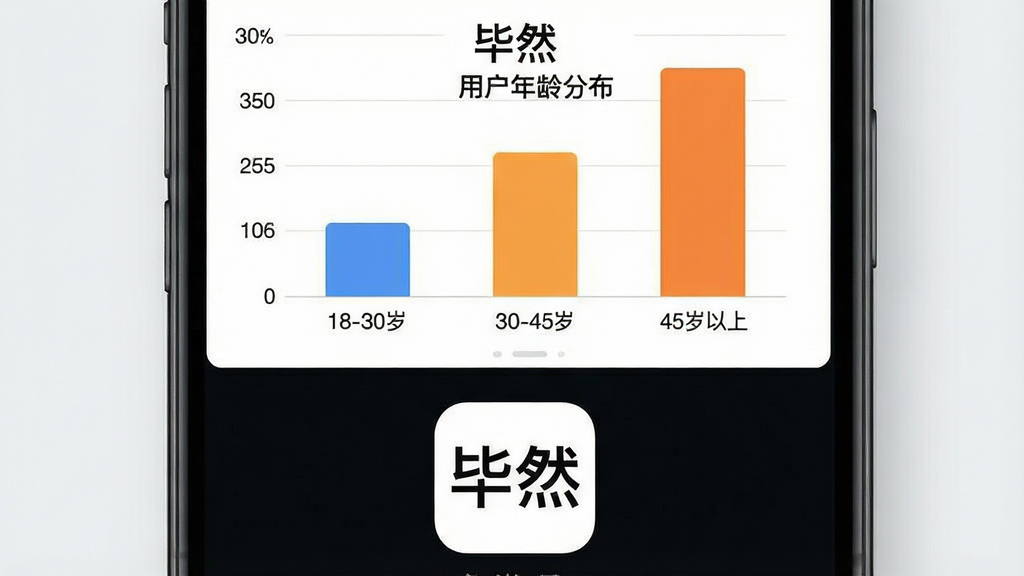 一张展示“毕然”应用用户年龄分布的柱状图,主体是图表和手机界面结合,布局上方是柱状图,横轴标注年龄段“18-30岁”“30-45岁”“45岁以上”,纵轴标注百分比,下方是“毕然”应用图标,风格简洁现代,细节清晰,画质干净,图中文字标注“毕然”“用户年龄分布”,无多余元素。