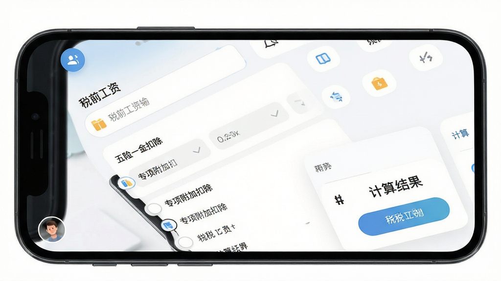 ��˰���ʼ��� �ֻ�Ӧ�ý���չʾ������Ϊһ�������ֻ���Ļ����Ļ����ʾ��˰���ʼ���APP�������棬�������˰ǰ�������������һ��۳��ר��ӿ۳�ѡ�������չʾ���򣬲����������Ű��࣬���Ϊ�ִ���ƽ����ƣ�ϸ���ϰ�ťԲ��ͼ���Լ�����ʸ��壬�ɾ����޶���Ԫ��
