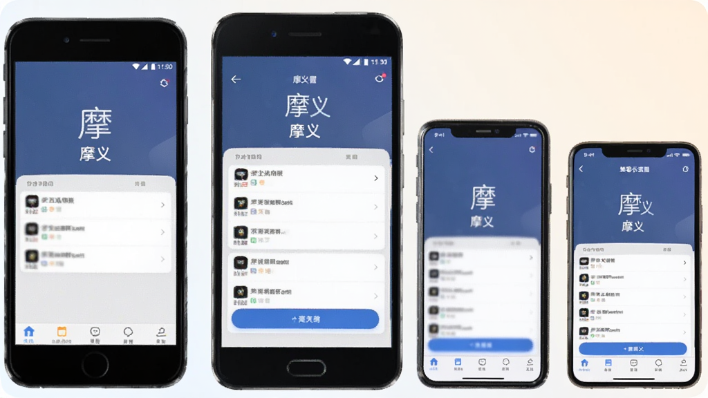 Ħ��App������ʾ��ͼ��������ͬʱչʾ��ͬƷ���ֻ���Ļ��ÿ̨�ֻ��϶�������Ħ��App�Ľ��棬��Ļ��ʾ�����ޱ���������Ϊǳɫ���䣬���дʵ�����ʸɾ���ͻ����Ħ�塱�ڶ��豸�ϵ��ȶ�����