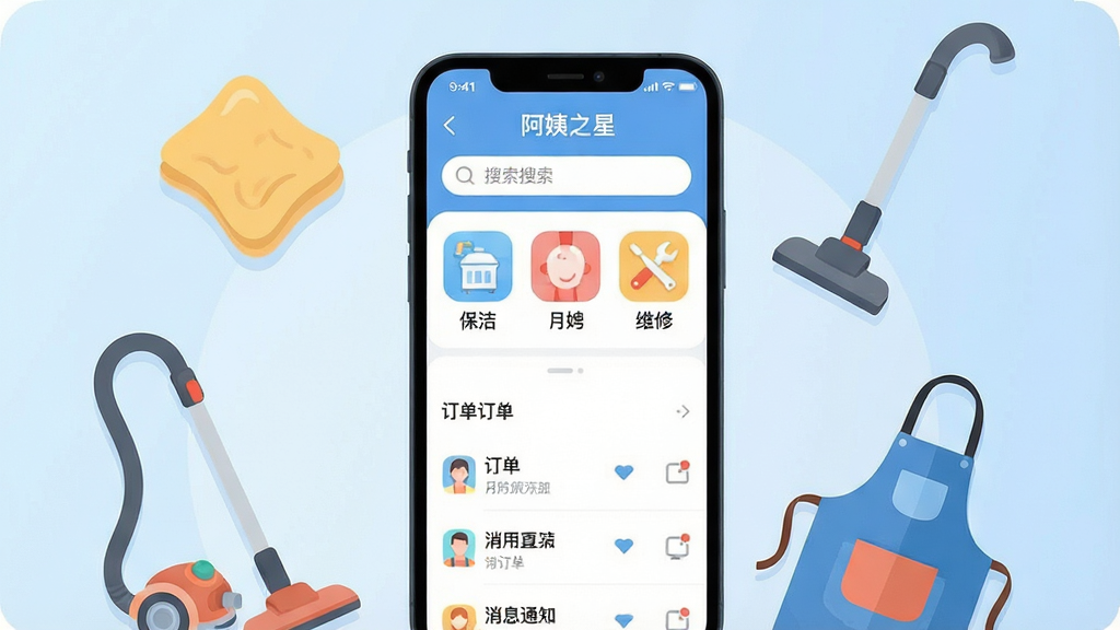 ����������һ�������ֻ�����Ļ��ʾ������֮�ǡ�App�������棬���涥�������������м��Ǽ����������ͼ���籣�ࡢ��ɩ��ά�ޣ��ײ��Ƕ����б�����Ϣ֪ͨ���ֻ���Χ�����ż��ļ�������Ԫ�أ���Ĩ������������Χȹ����������͵�ǳ��ɫ���䡣����ִ���ƽ��ϸ��Բ�󣬻��ʸɾ��������޶���Ԫ�ء�