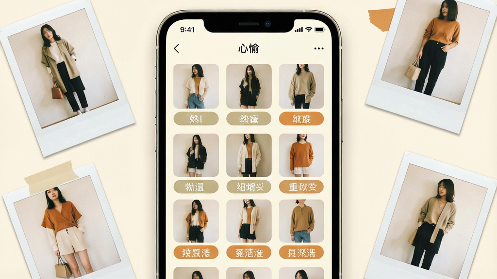 һ��չʾ�����䡱Ӧ������ղؼн����ͼƬ�������������ֻ���Ļ����Ļ����ʾ�ղؼ�ҳ�棬ͼƬ��������ʽ���У�ÿ��ͼƬ�·�����ɫ��ǩ�ͱ�ע���֡�����Ϊ���ж��룬�ֻ���Χɢ���ż��������÷��Ĵ�����Ƭ��Ϊװ�Ρ����Ϊ��ܰ���˷磬ɫ�������Ͱס�ǳ���䡢ů��ɫΪ����ϸ����ͼƬ�����ȣ���ǩ����Բ�ǽ�����ʽ������ϸ��ɾ����޶���Ԫ�ء�