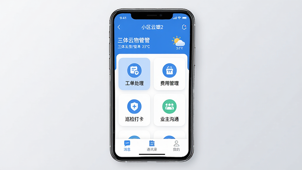 ���������APP������ȫòչʾ�������������һ�������ֻ�����Ļ��ʾ���������Ӧ����ҳ���Ϸ���С�����ƺ�������Ϣ���в��ǹ������������ù�����Ѳ��򿨡�ҵ����ͨ�ĸ���ͼ����ڣ��ײ�Ϊ��Ϣ��ͨѶ¼���ҵ�����ѡ���������������ɫΪ��������ִ�����ƽ����ͼ��Բ������������Ϊǳ��ɫ���䣬���ʸɾ��޶���Ԫ��