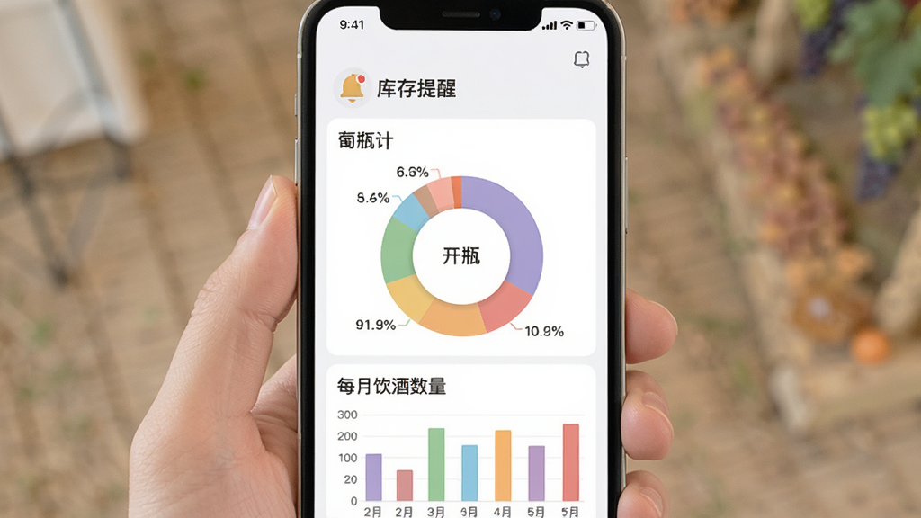 �ֻ���Ļ��ʾ����ƿ��App��ͳ��ҳ�棬�м���һ����ɫ����ͼչʾ��ͬ����Ʒ�ֵ�ռ�ȣ��·�����״ͼ��ʾÿ�����������������С�������ѡ�С����ͼ�꣬�������ƽ������ɫ��ͣ��������������ʸɾ����޶���Ԫ��