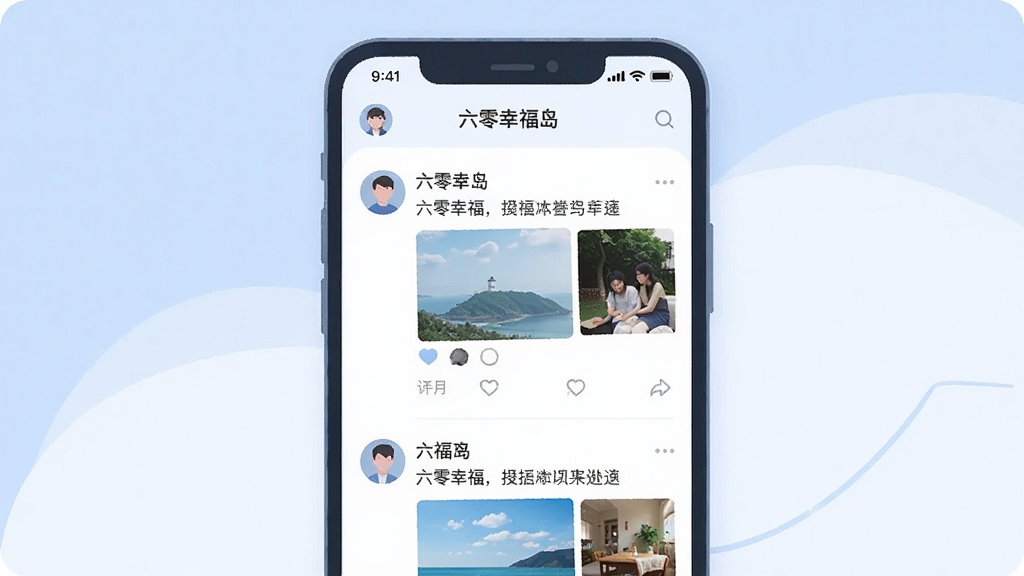 һ��չʾ�ֻ�App������̬��Ϣ���Ľ����ͼ���廭���������ֻ���Ļ��ʾ�������Ҹ������Ķ�̬�б���ÿ����̬�����û�ͷ������������ͼƬ����ͼ������ɾ����࣬��������͵�����ɫ��������ִ���Լ�����������ɾ��޶���Ԫ��