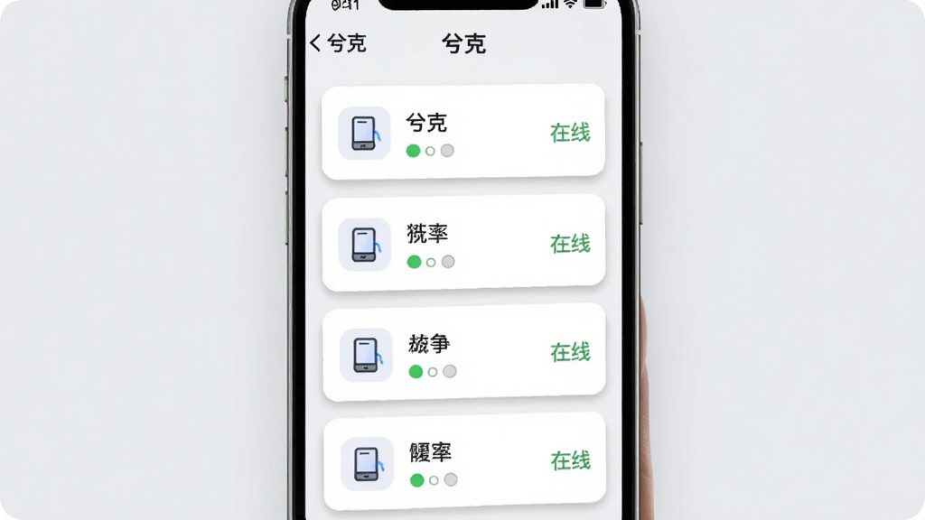 һ��չʾ��������豸���������ͼƬ���������ֻ���Ļ��ʾ���Ӧ�ã������������豸�б���Ƭ��ÿ����Ƭ����ʾ�豸ͼ�ꡢ���ƺ�����״̬���Ű���ô�ֱ�б���ʽ������Ǽ���ִ��磬ϸ���Ͽ�Ƭ������΢����Ӱ��Բ�ǣ�����Ϊǳ��ɫ�����ʸɾ���������Ļ��������ʾ���֡���ˡ�