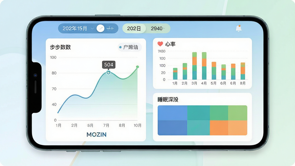 MOZIN�������ݿ�����棬�ֻ���Ļ��ʾ��������ͼ��������״ͼ��˯����ǳɫ��ͼ��ͼ����ɫΪ���̳����ɫ���������������л���ǩ���ײ���