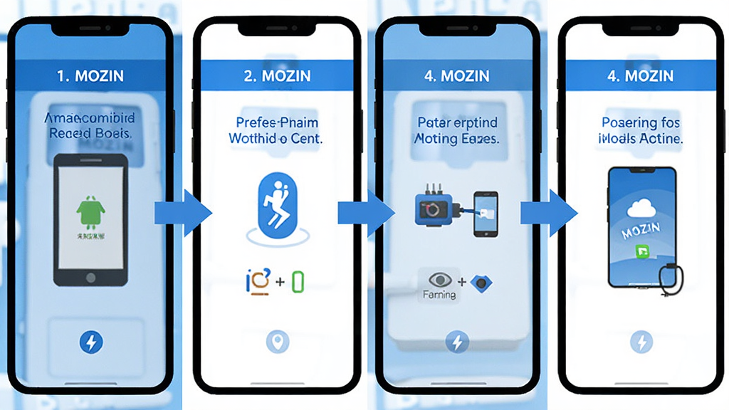 MOZIN��װ���ò���ʾ��ͼ������Ϊ�ֻ���Ļ����չʾ�ĸ��������裬��һ������δ֪��Դ��װ���ڶ������������Ͷ�λȨ�ޣ������������豸��ԣ����Ĳ�ͬ�����ݳɹ���ÿ����