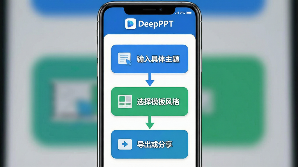 һ��չʾDeepPPT���ֲ��������ͼƬ������Ϊ�ֻ���Ļ�����ͼ��񣬶�����ʾDeepPPT��logo���м��Ϊ�������迨Ƭ����һ��д�š�����������⡱���ڶ���д�š�ѡ��ģ���񡱣�������д�š����������������Ƭ�·��м�ͷ���ӱ�ʾ���̡�����Ϊ�������迨Ƭ�����ִ�ֱ���У��Ű����������Ϊ��ƽ����Ϣͼ��ϸ������������ɫ�����ͼ�ꡢԲ�Ǳ߿򡣻��ʸɾ����޶���Ԫ�ء�