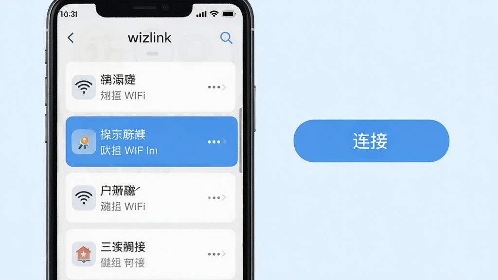 һ��չʾwizlinkһ�����ӹ��ܵĽ����ͼ���������ֻ���Ļ��ʾ����WiFi�б�������һ���ȵ㱻����ѡ�У��Ա���һ����Ŀ�ġ����ӡ���ť�������ǵ���ɫ����������죬���ʸɾ��޶���Ԫ��