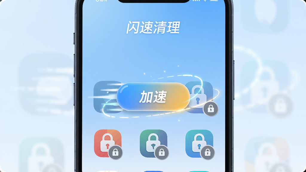 һ���ֻ���Ļ��ʾ�������������ļ��ٽ��棬�������ж��Ӧ��ͼ�걻�������У�����ͼ���ϴ������α�Ǳ�ʾ���������м���һ����Ŀ�ļ��ٰ�ť����Χ�������ٶ��ߺ͹�Ч������Ϊǳ��ɫ���䣬��������ˬ��࣬ϸ��Բ�󣬻��ʸɾ��޶���Ԫ��