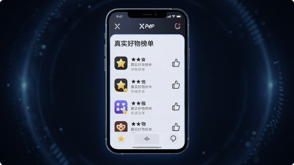 һ��AI���ɵ�ͼƬ��������һ��������ֻ���Ļ����Ļ����ʾ��X��APP�Ľ��棬��������һ����Ϊ��ʵ����񵥵��б����б����Ա������Ǻ͵���ͼ�꣬����������ɫ�ĿƼ��й��Σ�������ִ������ʸɾ����޶���Ԫ�ء�