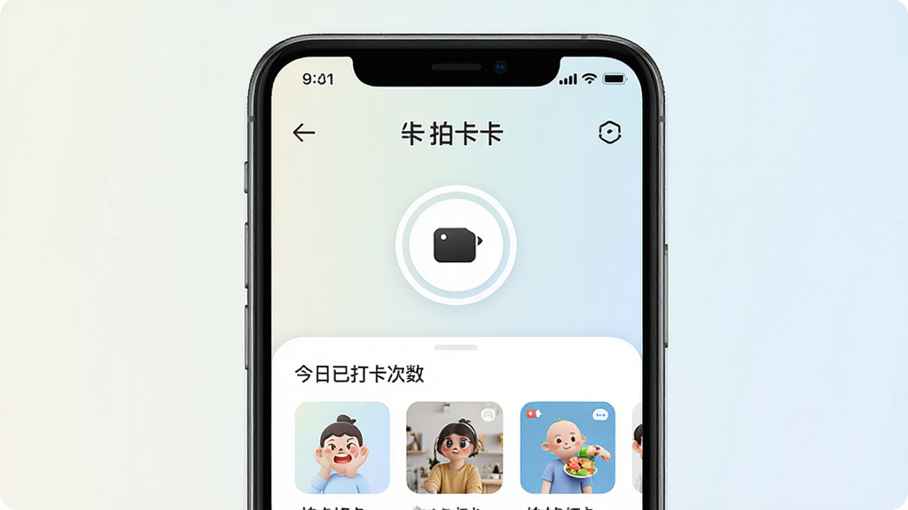 һ��չʾ�ֻ���Ļ��ͼƬ����Ļ�����ǡ��Ŀ�����APP�������棬���涥����ʾ���ں�ʱ�䣬�м���һ����Ŀ��Բ�����հ�ť���·��ǽ����Ѵ򿨴���������ͼ�б��������Ǽ���ǳɫ���䣬����ִ����£�ϸ��Բ�󣬻��ʸɾ��������޶���Ԫ�أ�ͼƬ�����֡��Ŀ����������ɼ�