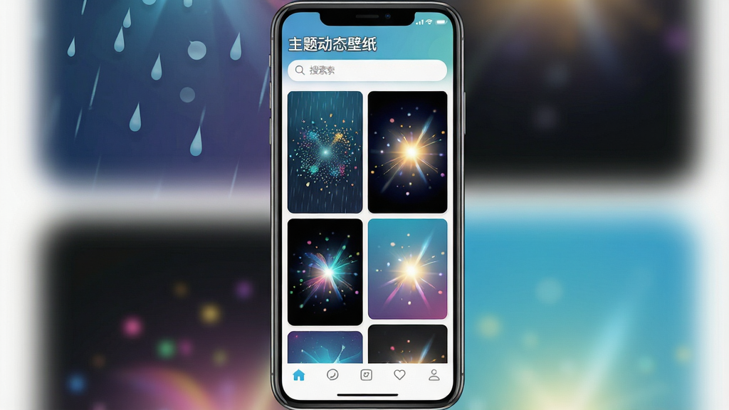 һ��App�����ͼ���ͼƬ����������һ���ֻ���Ļ����Ļ����ʾ�š����⶯̬��ֽ��App�ķ������ҳ�棬���������������м�������״���еı�ֽԤ��ͼ��ÿ��Ԥ��ͼ���в�ͬ�Ķ�̬Ч��ʾ�⣬����Ρ����ӡ���ߵȣ��ײ��е����������岼������������ִ���ƽ��ɫ�ʷḻ����г�����ʸɾ����޶���Ԫ��