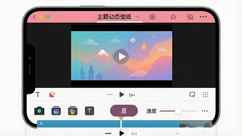 һ���ֻ���Ƶ�༭����ͼ����������ʾ�����⶯̬��ֽ��App��DIY�༭ҳ�棬��Ļ�ϰ벿������ƵԤ�����ڣ��°벿����ʱ���ᡢ�˾�ͼ�ꡢ���ְ�ť���ٶȵ��ڻ���ȱ༭���ߣ����沼�ֺ���������ֱ�ۣ�����ִ���ƽ�������������޶���Ԫ��