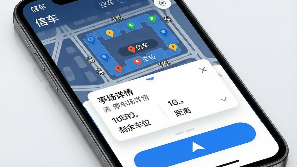 һ��չʾ���ų���Appͣ���������ܵ�ͼƬ���������ֻ���Ļ��д������Ϊ�Ϸ���ͼ��ʾͣ������λ��ǣ��м䵯��ͣ�������鿨Ƭ�����۸�;��룬�·��ǵ�����ť���Ű��η��������дʵ�Ƽ��У�ϸ�����������ʸɾ�����Ļ�����ֱ�ע���ų����͡�ʣ�೵λ��