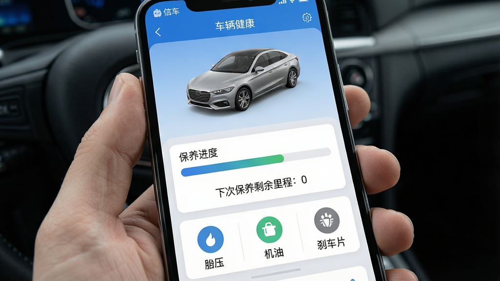 һ��չʾ���ų���App�����������������ͼƬ���������ֻ���Ļ������Ϊ��������3Dģ��չʾ���м��Ǳ������������´α���ʣ����̣��·�������̥ѹ�����͡�ɲ��Ƭ״̬ͼ�꣬�Ű�����ֱ�ۣ�������ִ�����ɫ�����׻�Ϊ����ϸ�ھ��£����ʸɾ�����Ļ�����ֱ�ע���ų����͡�����������