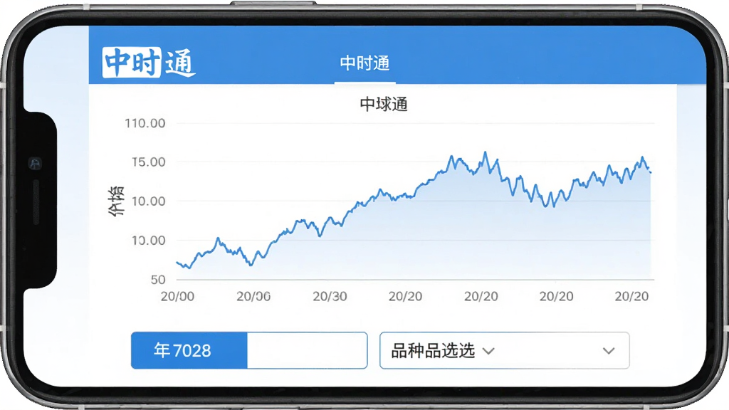 ��ʱͨApp���ݲ�ѯҳ�棬�ֻ���Ļ��ʾ����ʱͨ����ʷ�۸���������ͼ�����������ڣ������Ǽ۸��·�����ݺ�Ʒ��ɸѡ��ť��������ɫ����ɫ�Ͱ�ɫΪ����������ݿ��ӻ����������ʸɾ��޶���Ԫ�ء�