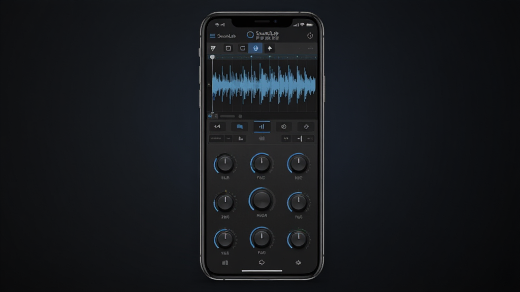 һ��չʾSoundLab ����ʵ�����������Ľ����ͼƬ�������������ֻ���Ļ����Ļ����ʾ��Ƶ���α༭���͸�����Ч������ť����������ɫ���䣬����ִ��Ƽ��У����������ɾ����޶���Ԫ��
