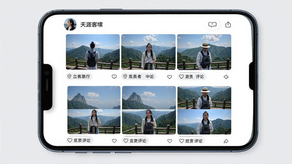 ���Ŀ�APP���ж�̬�������棬�ֻ���Ļ��չʾ�û������ľŹ���������Ƭ����Ƭ�·��еص��ǩ�͵������۰�ť��������ʾ������ͷ����ǳƣ�����Ϊǳ��ɫ�����������£�����������������Ԫ�أ����廭��