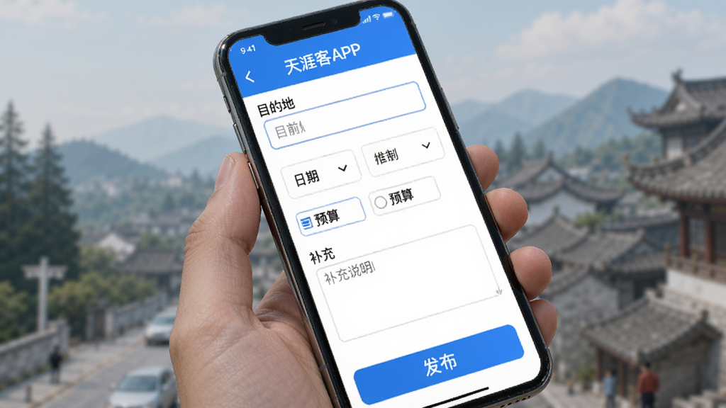 ���Ŀ�APPԼ�鷢�����棬�ֻ���Ļ����ʾԼ����Ϣ��д����������Ŀ�ĵ����������ѡ������Ԥ��ѡ��Ͳ���˵���ı��򣬵ײ��з�����ť�������࣬������ɫ���������򻮷��������޶���Ԫ�أ����廭��