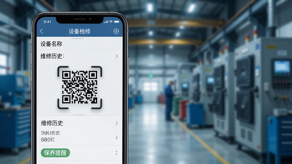 һ��չʾ�����ޡ��豸��������ʷ��¼���ܵ�AI��ͼ�������������ֻ���Ļ��ʾ�豸��ά��ɨ����ҳ�棬ҳ���а����豸���ơ�ά����ʷ�б����������ѱ�ǩ�������ǹ�����¥���豸����黯���������дʵ��ɫ��ƫ�䣬ϸ�����������ʸ��塣