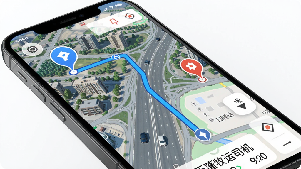��������˾��APP�������棬�ֻ���Ļ��ʾ��ͼ·�߹滮�������յ�������ͼ���ע��·������ɫ������ʾ���Ա���Ԥ�Ƶ���ʱ��������Ϣ�������ǳ��е�·���ͼ���������ִ�����������������Ԫ��