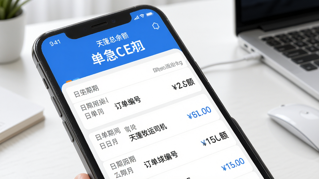 ��������˾��APPǮ���˵�ҳ�棬�ֻ���Ļ��ʾ������ϸ�б���ÿ������������ڡ�������źͽ�������ʾ�˻����������԰�ɫ����ɫΪ��������������Ŀ�������Ǹɾ������滷�������ʸ��壬�޶���Ԫ��