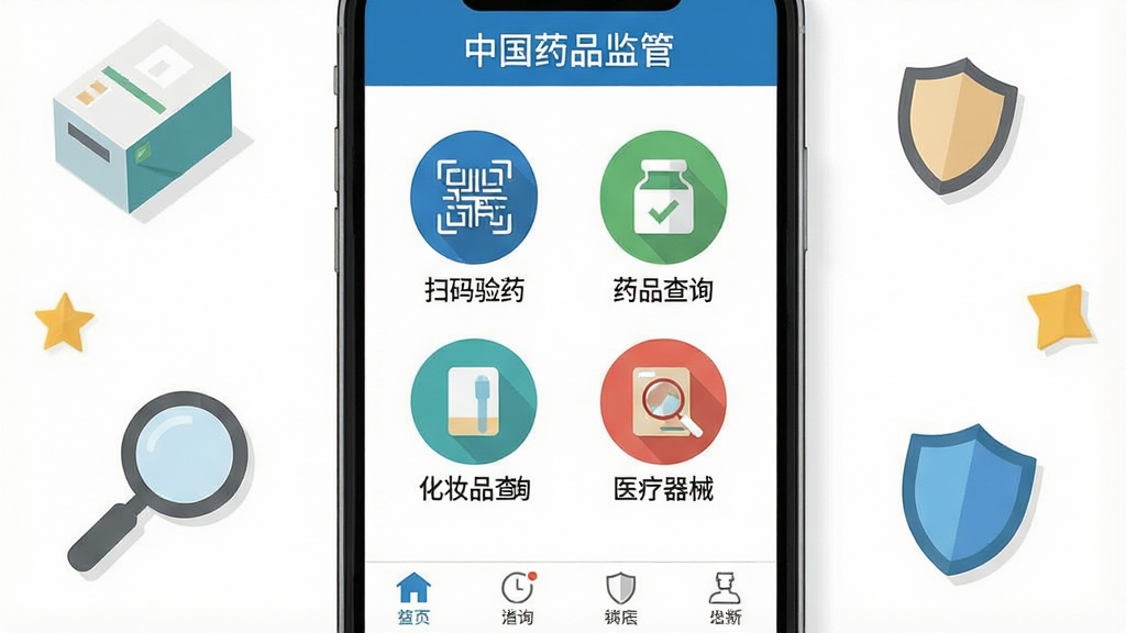 һ���ֻ���Ļչʾ�й�ҩƷ���APP�����棬������ɫ������д�š��й�ҩƷ��ܡ����м���ɨ����ҩ��ҩƷ��ѯ����ױƷ��ѯ��ҽ����е�ĸ���ͼ�꣬�ײ��˵��������ɼ��������ɾ���ɫ����Χ��׺ҩ�С��Ŵ󾵡����Ƶ�СԪ�أ���ƽ��UI��񣬻����������޶���Ԫ��