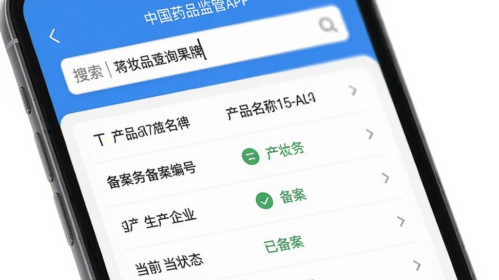 �ֻ���Ļչʾ�й�ҩƷ���APP�Ļ�ױƷ��ѯ���ҳ�棬�Ϸ�������������ĳ����ĤƷ�ƣ��·��б���ʾ��Ʒ���ơ�������š�������ҵ����ǰ״̬Ϊ���ѱ���������������ɫ�Ͱ�ɫΪ�����Ű����࣬��ƽ����Ʒ�񣬻����������޶���Ԫ��