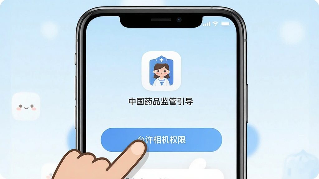 һ���ֻ���Ļ��ͼչʾ�й�ҩƷ���APP��Ȩ����������ҳ�棬��������һ����ͨ��ָָ���������Ȩ�ޡ���ť������Ϊ����ɫ���䣬ͼ����ɰ���������������ƽ����Ʒ�񣬻��ʸɾ����޶���Ԫ��