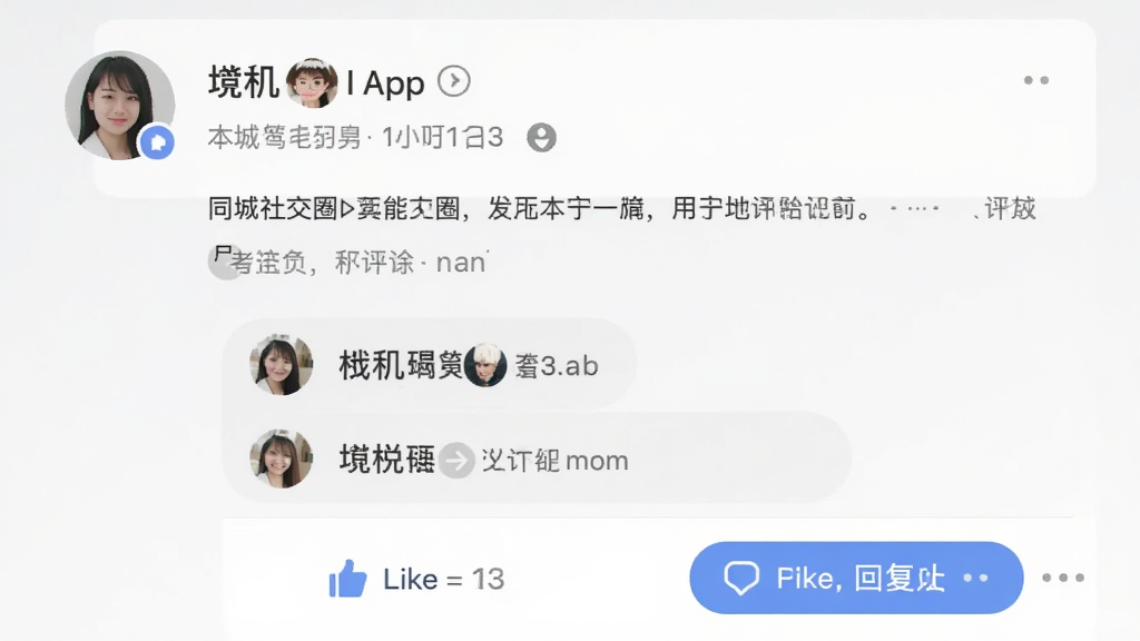 �ҳ�Appͬ���罻Ȧ���棬��ʾ�û������ı��ػ������Ӻ�������������ͷ����ǳ����������޺ͻظ���ťλ�ڵײ�������Ϊǳ��ɫ�����ָɾ�������Լ�ִ��������������޶���Ԫ��