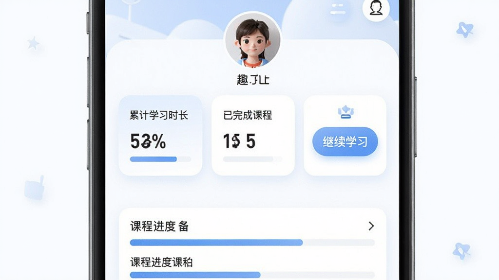 Ȥ������ ����ѧϰ����ҳ�棬�ֻ���Ļ��ʾѧϰͳ�����ݣ��������ۼ�ѧϰʱ������������ɿγ̡���������ѧϰ����ť������Ϊ���½ṹ���Ϸ��Ǹ�����Ϣͷ���м������ݿ�Ƭ���·��ǿγ̽������б���������¼�࣬������ɫ��ϸ��Բ�󣬻��ʸɾ��޶���Ԫ�ء�